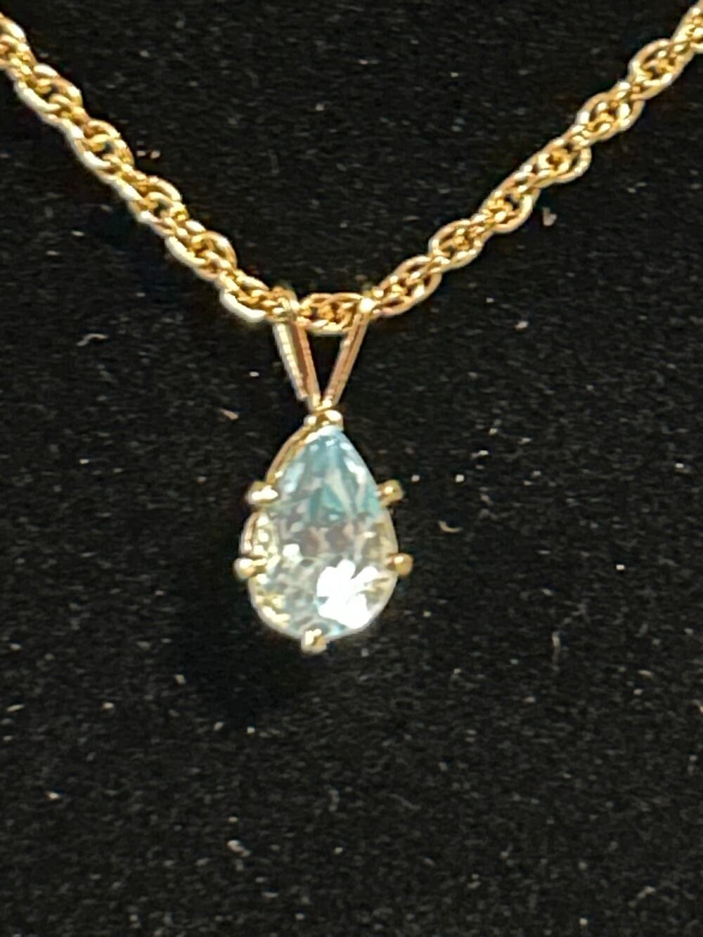 Gold Tone Blue Topaz Teardrop Pendant Necklace 20" Chain